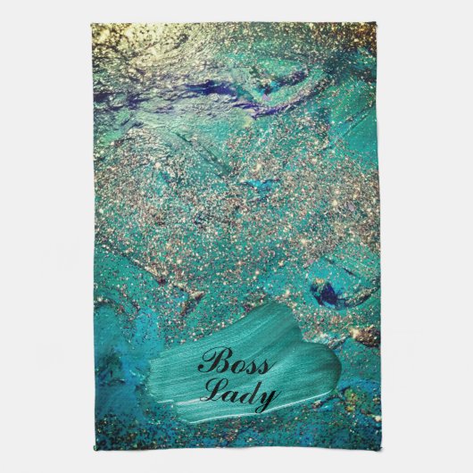 Glittery Aqua Paint Strokes Boss Lady Theedoek (Verticaal)