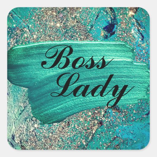 Glittery Aqua Paint Strokes Boss Lady   Vierkante Sticker (Voorkant)