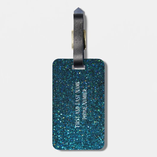 Glittery Aqua Peacock Bagagelabel (Achterkant verticaal)