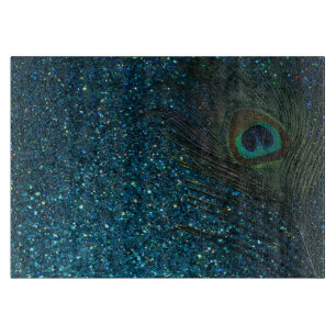 Glittery Aqua Peacock Feather Snijplank