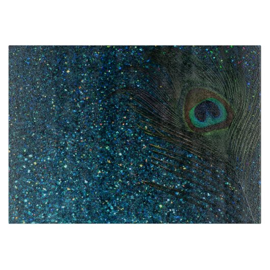 Glittery Aqua Peacock Feather Snijplank (Voorkant)