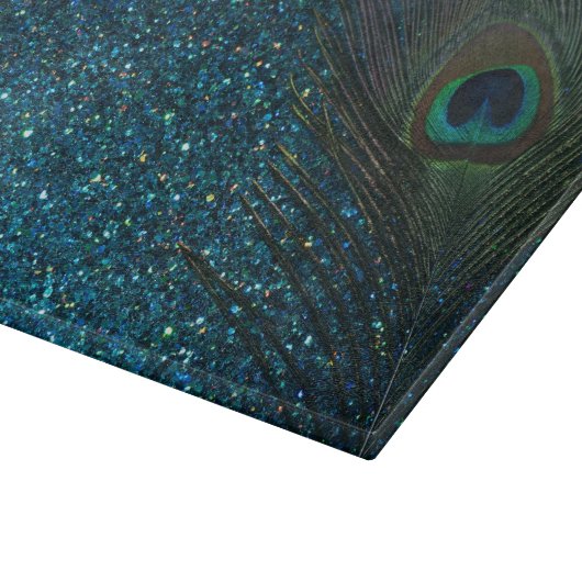 Glittery Aqua Peacock Feather Snijplank (Hoek)