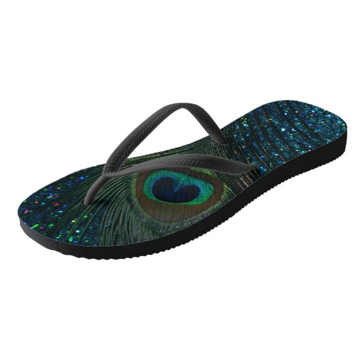 Glittery Aqua Peacock Feather Teenslippers (Schuin)