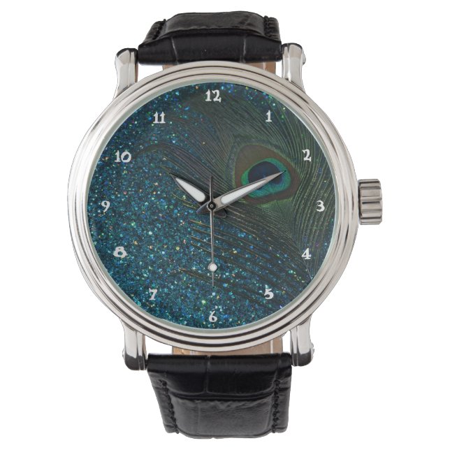Glittery Aqua Peacock Horloge (Voorkant)
