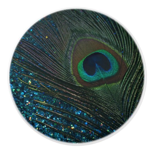 Glittery Aqua Peacock Keramische Knop (Voorkant)