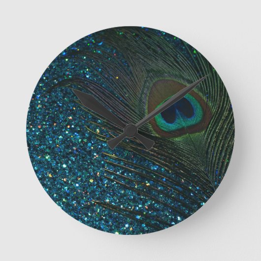 Glittery Aqua Peacock Ronde Klok (Voorkant)
