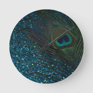Glittery Aqua Peacock Ronde Klok