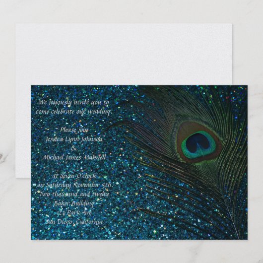 Glittery Aqua Peacock Wedding Kaart (Voorkant / Achterkant)