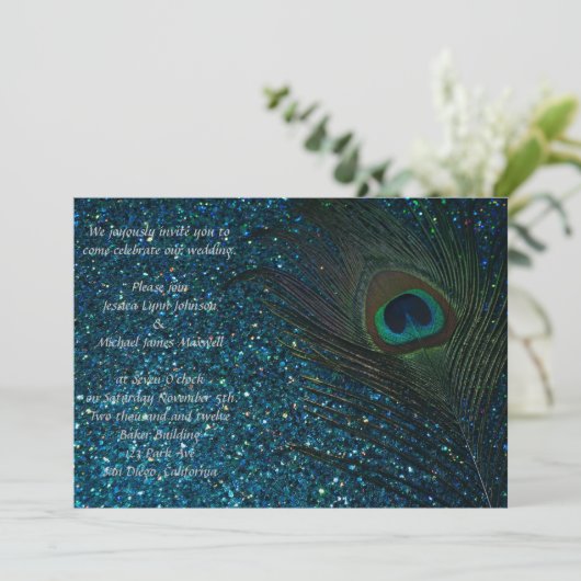 Glittery Aqua Peacock Wedding Kaart (Staand voorkant)