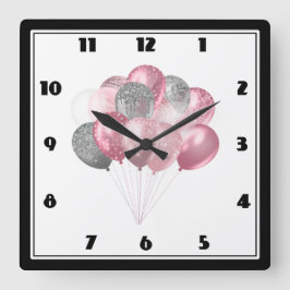 Glittery Balloon Bunch in roze en zilver Vierkante Klok