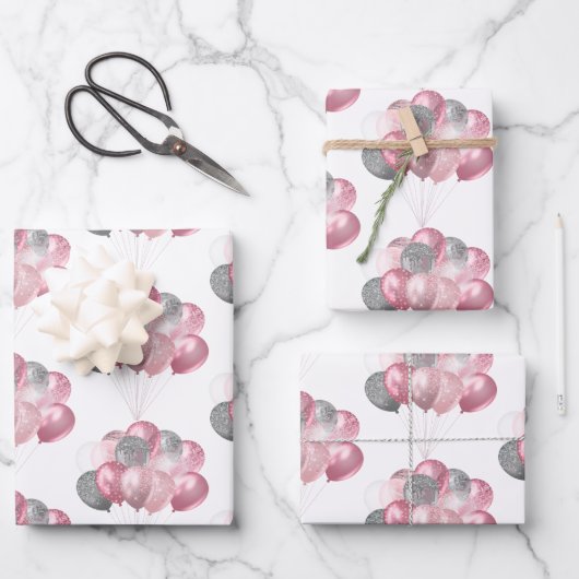 Glittery Balloon Bunch Roze en Zilveren Patroon Inpakpapier Vel (Voorkant)