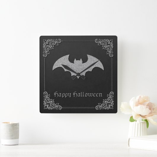 Glittery Bat Halloween Vierkante Klok (Huis)