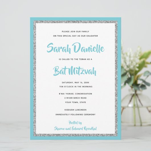 Glittery Bat Mitswa Blauw en Zilver Groot Kaart (Staand voorkant)