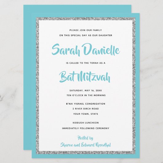 Glittery Bat Mitswa Blauw en Zilver Groot Kaart (Voorkant / Achterkant)