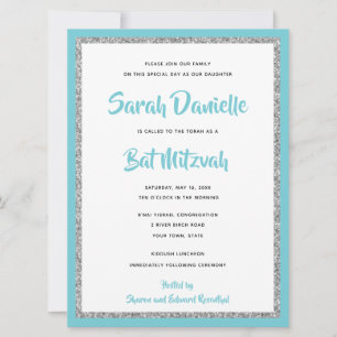 Glittery Bat Mitswa Blauw en Zilver Groot Kaart