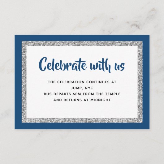 Glittery Bat Mitswa Navy blauw en zilver detail Informatiekaartje (Voorkant)