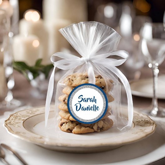 Glittery Bat Mitswa Navy Blauw en Zilver Favoriet Ronde Sticker