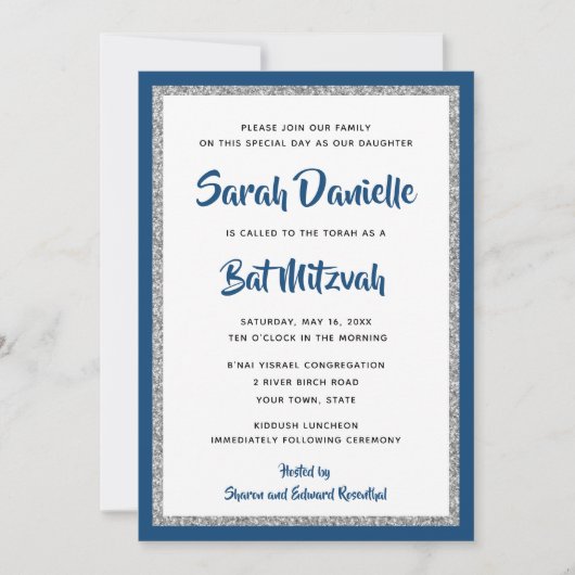 Glittery Bat Mitswa Navy Blauw & Zilver Rechthoek Kaart (Voorkant)