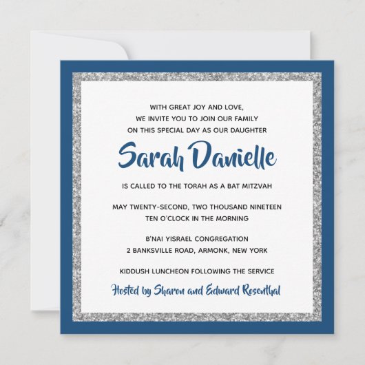 Glittery Bat Mitswa Navy Blauw Zilveren Plein Kaart (Voorkant)