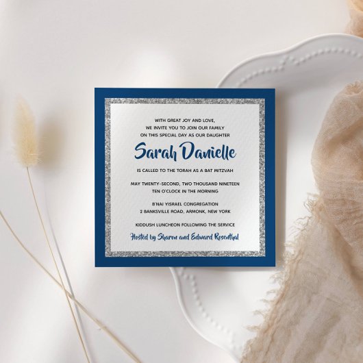 Glittery Bat Mitswa Navy Blauw Zilveren Plein Kaart