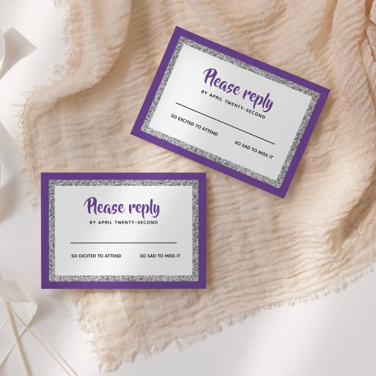 Glittery Bat Mitswa, Paarse en zilveren RSVP Kaartje