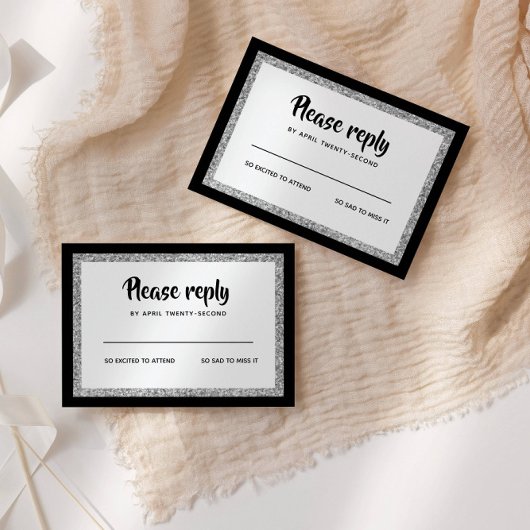 Glittery Bat Mitzvah Elegant Zwart en Zilver RSVP Kaartje