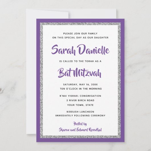 Glittery Bat Mitzvah Paars en Silver Rectangle Kaart (Voorkant)