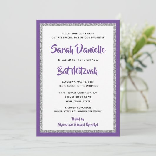 Glittery Bat Mitzvah Paars en Silver Rectangle Kaart (Staand voorkant)