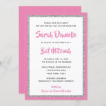 Glittery Bat Mitzvah Pink en Silver Rectangle Kaart<br><div class="desc">Deze trendy uitnodiging Bat Mitzvah kenmerkt mousserende faux glitter gelaagd tegen een stevige kleurenachtergrond. Gebruik het formulier sjabloon om je eigen gegevens toe te voegen. De functie "Aanpassen" kan worden gebruikt om de lettertypestijl,  -kleur en -indeling te wijzigen.</div>