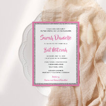 Glittery Bat Mitzvah Pink en Silver Rectangle