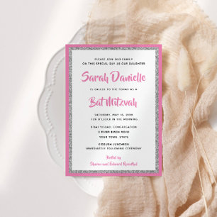 Glittery Bat Mitzvah Pink en Silver Rectangle Kaart