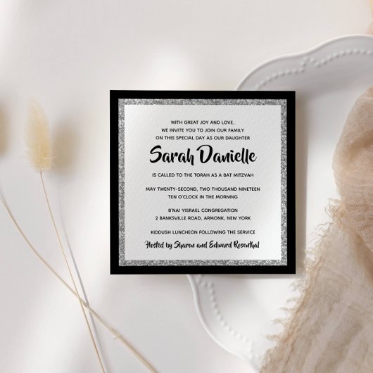 Glittery Bat Mitzvah Zwart Zilveren Vierkant Kaart