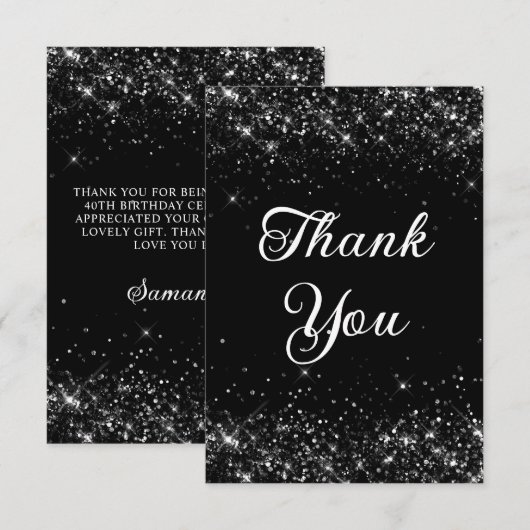Glittery Black 40e verjaardag Bedankkaart (Voorkant / Achterkant)