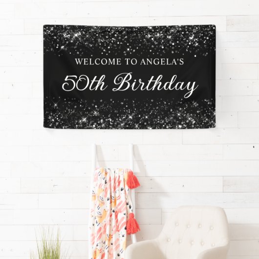 Glittery Black 50e verjaardag Welkom Spandoek (Insitu)