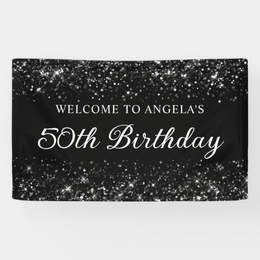 Glittery Black 50e verjaardag Welkom Spandoek (Horizontaal)