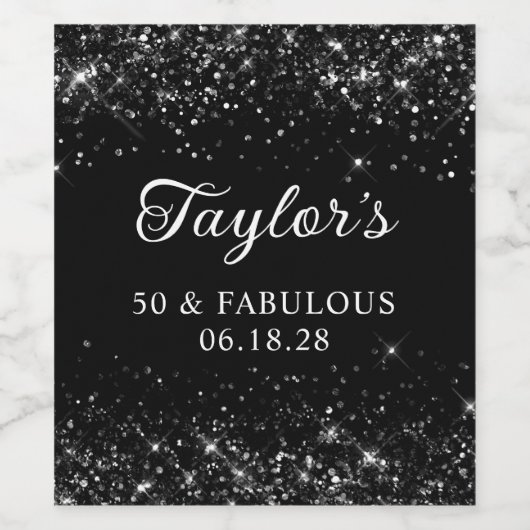 Glittery Black 50ste verjaardag Wijn Etiket (Enkel label)