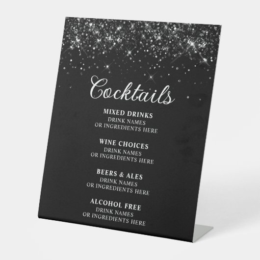 Glittery Black Cocktails Bar Menu Reclamebord Met Voetstuk (Voorkant)
