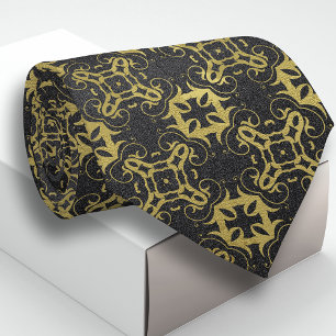 Glittery Black Faux Gold Metallic Damask Patroon Stropdas