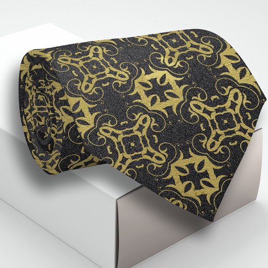 Glittery Black Faux Gold Metallic Damask Patroon Stropdas