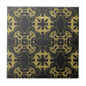 Glittery Black Faux Gold Metallic Damask Patroon Tegeltje (Voorkant)