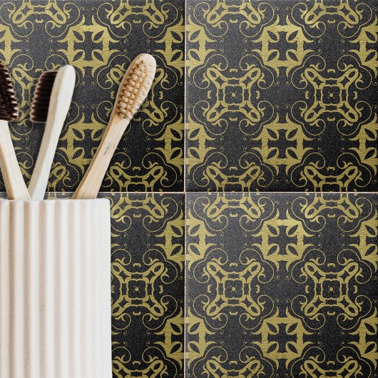 Glittery Black Faux Gold Metallic Damask Patroon Tegeltje