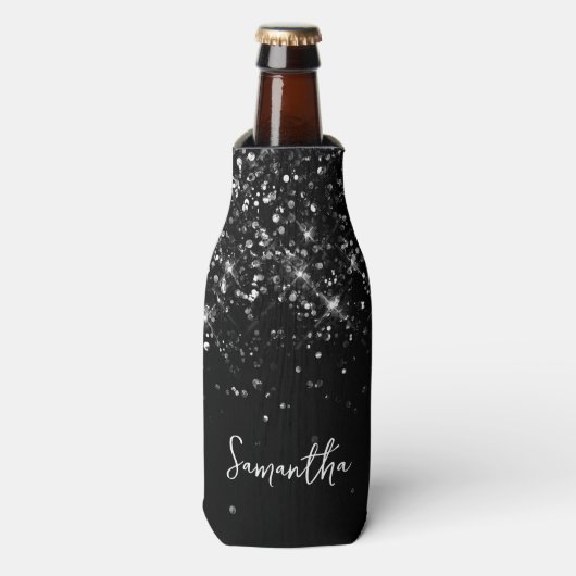 Glittery Black Script-naam Flesjeskoeler (Fles Voorkant)
