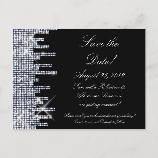 Glittery Black/Silver Glamor Save the Date Aankondigingskaart (Voorkant)