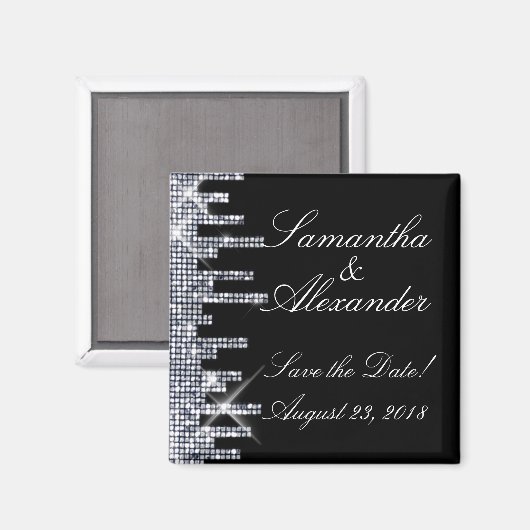 Glittery Black/Silver Glamor Save the Date Magneet (Voorkant / Achterkant)