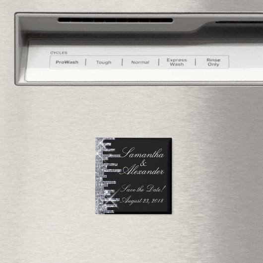 Glittery Black/Silver Glamor Save the Date Magneet (Insitu (Vaatwasser))