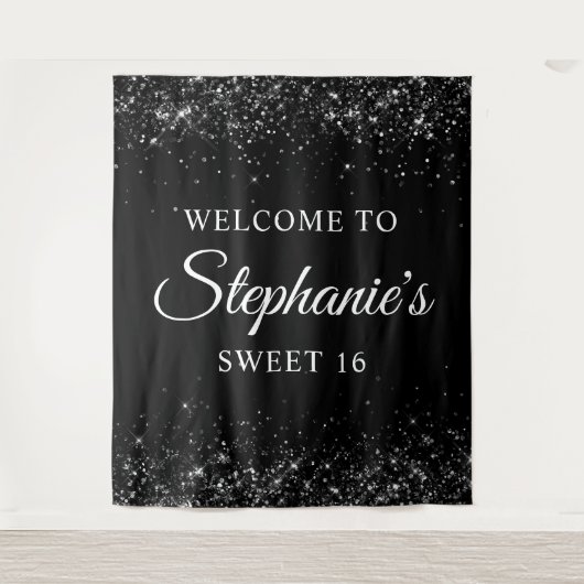 Glittery Black Welkom bij Sweet 16 Birthday Wandkleed (Voorkant)