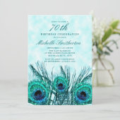 Glittery Blauwgroen Blue Peacock Feathers 70th Bir Kaart (Staand voorkant)