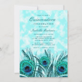 Glittery Blauwgroen Blue Peacock Feathers Quinceañ Kaart (Voorkant)