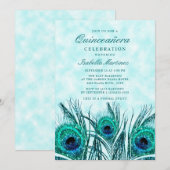 Glittery Blauwgroen Blue Peacock Feathers Quinceañ Kaart (Voorkant / Achterkant)