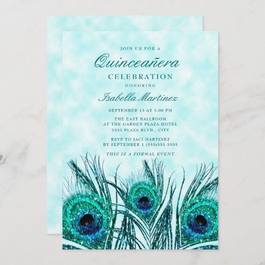 Glittery Blauwgroen Blue Peacock Feathers Quinceañ Kaart (Voorkant / Achterkant)